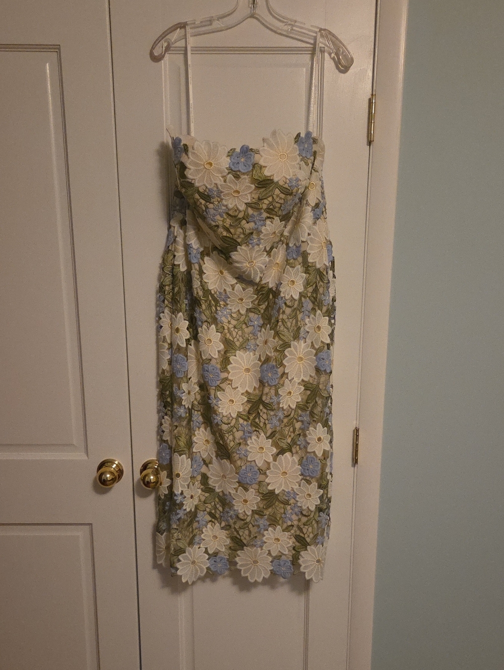 Dessy Collection Cream & Light Blue Floral Lace Midi Dress